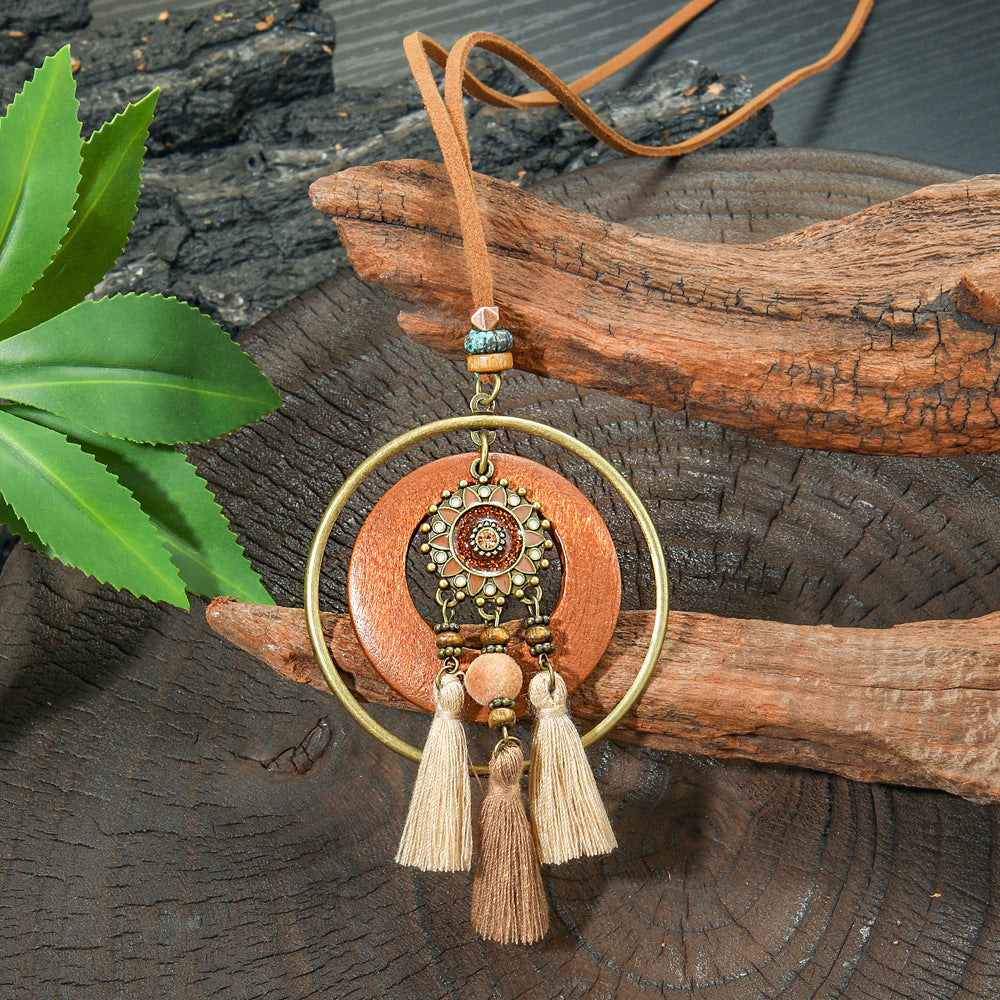 Boho-chic vintage træ lagdelt kvast halskæde med øreringe 342