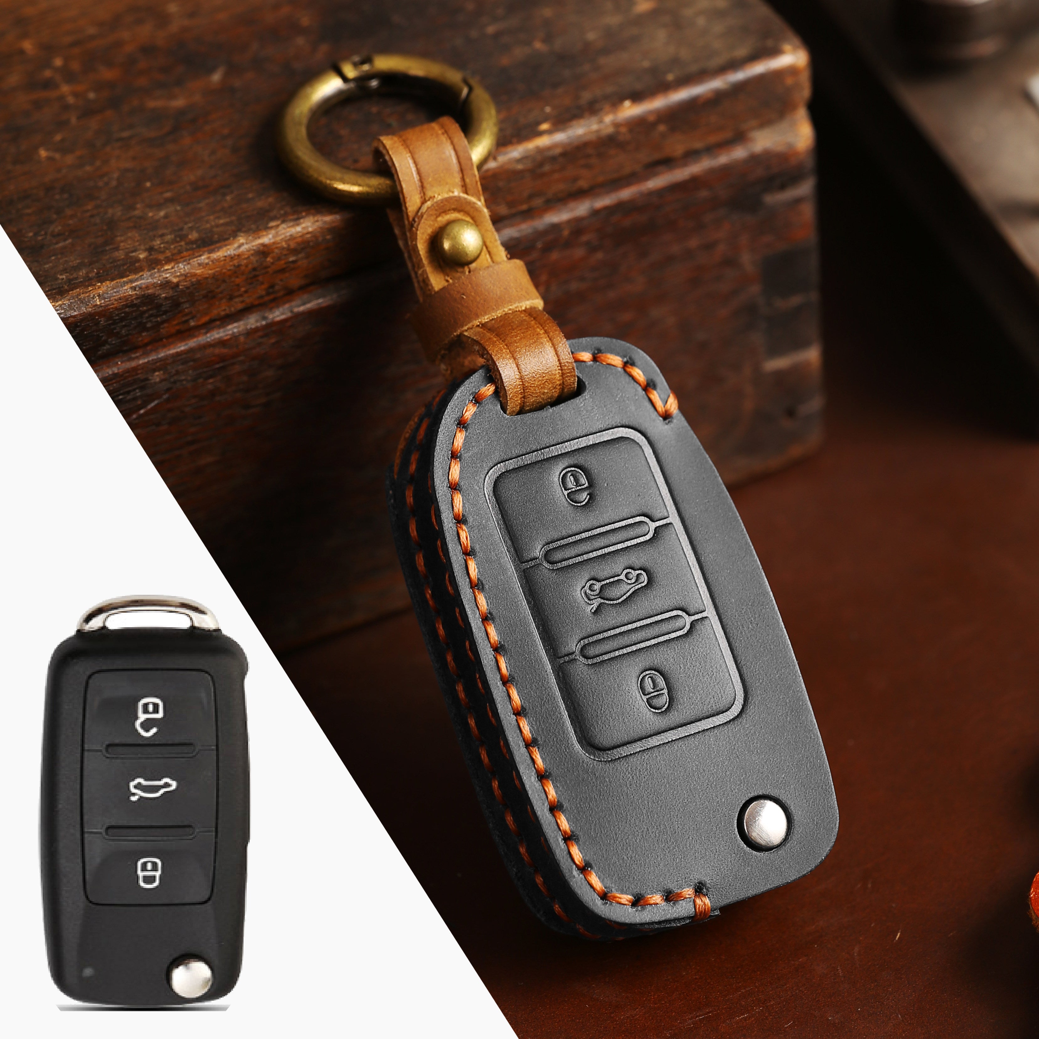 Estuche para llaves Volkswagen de cuero de primera calidad